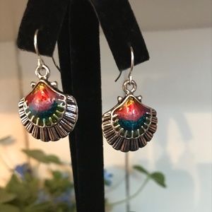Silver Tone Island Style Shell Earrings Painted Enamel